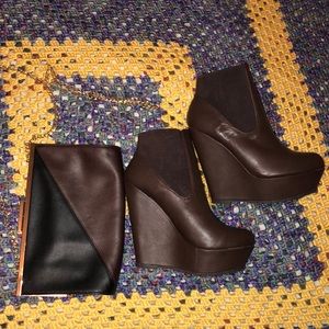 Wedge heel boot and gold chain clutch bag.